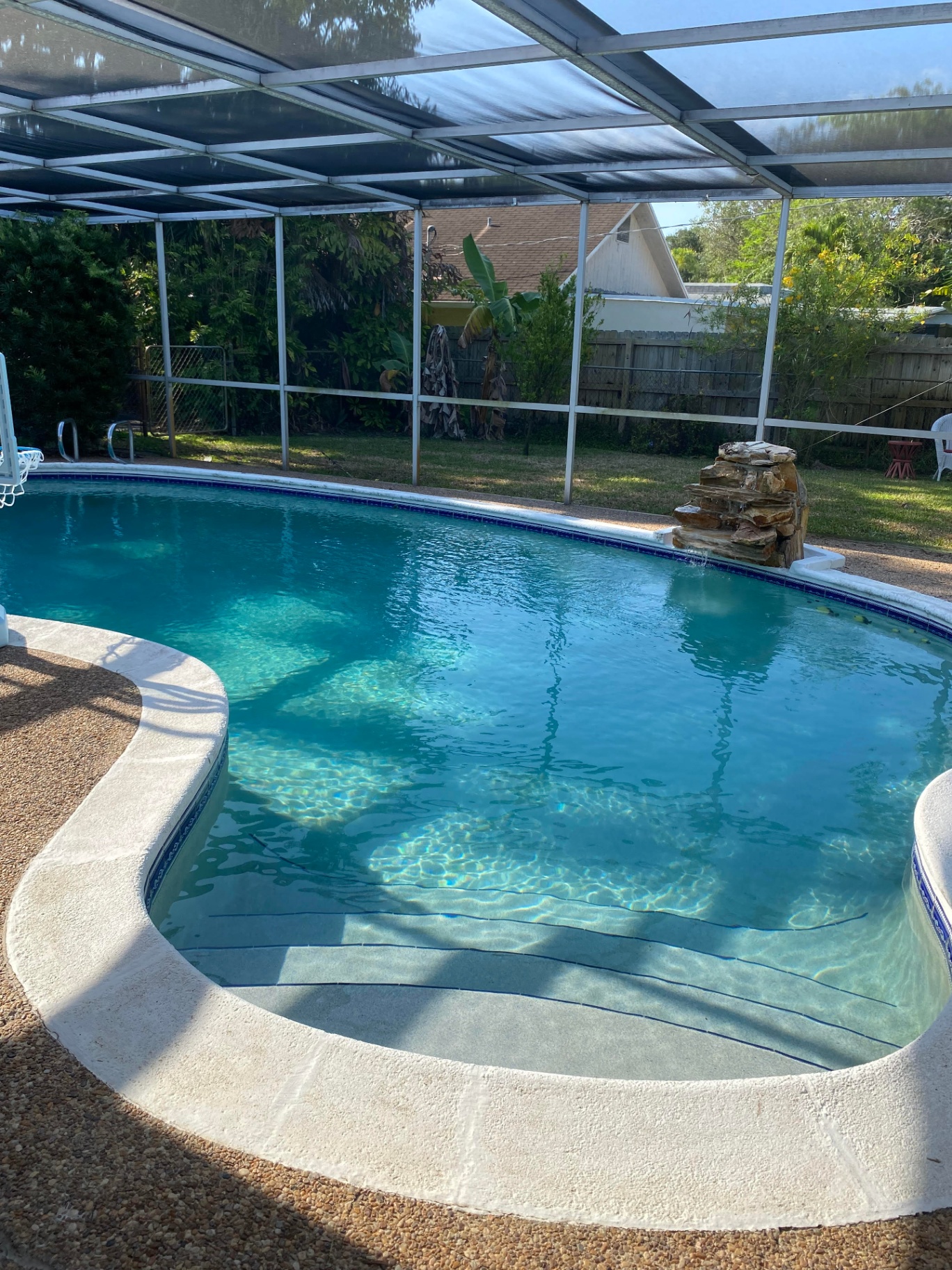 Crystal-clear after service Crystal-clear screened-in backyard pool after Collegiate Pools service in Florida